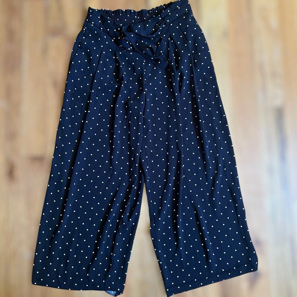 Kenar Wide Leg Pants 4 Black Polka Dot Cropped Pleated Trousers Belted Elastic
